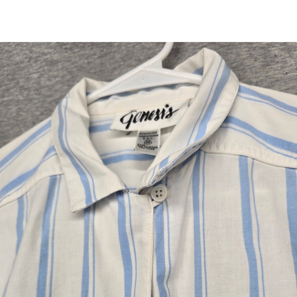 Genesis Womens White Light Blue Striped Short Sleeve Button Down Cotton Shirt M